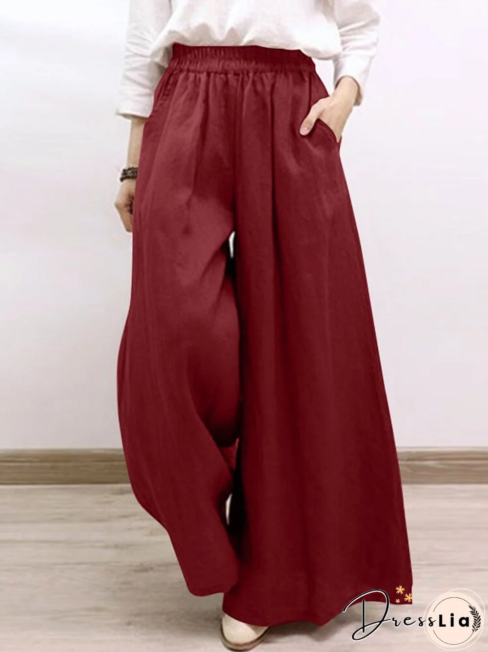 Solid Pocket Elastic Waist Wide Leg Casual Pants