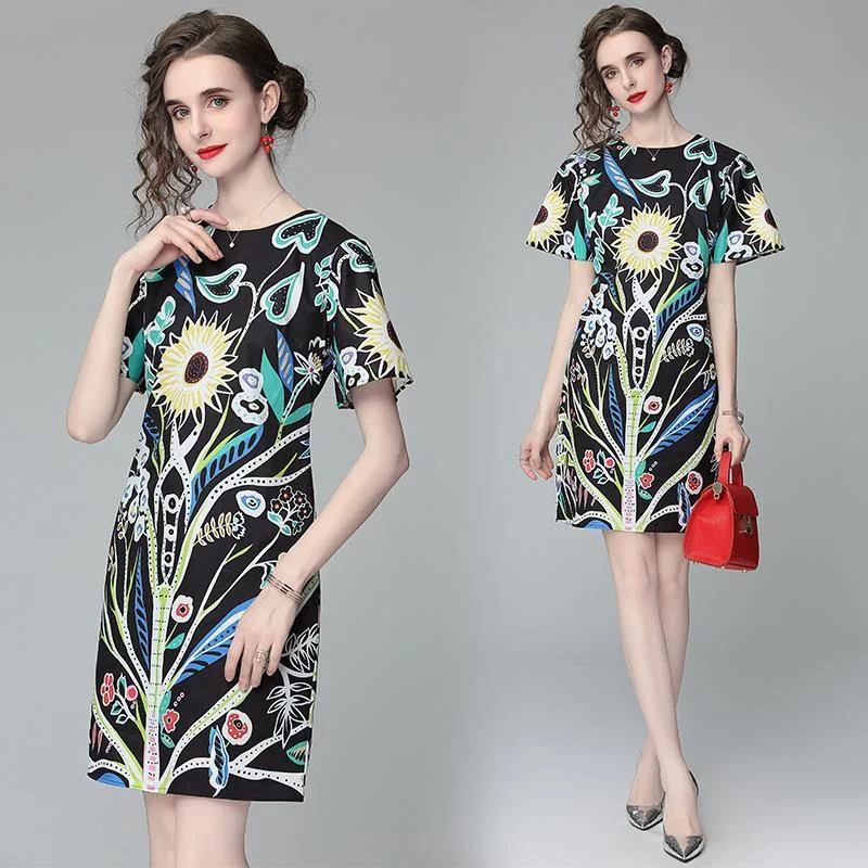 Black Temperament Floral Print Short Sleeve Loose Short Dress
