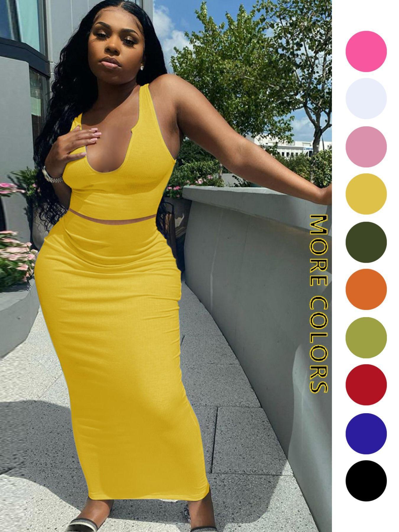 Two-piece Set Women's Solid Notched Neck Crop Tank Top & High Waist Bodycon Skirt Set, Casual Slim Sleeveless Top & Long Skirt, Ladies Summer Clothes for Daily Wear, Outfit Sets Women, Summer Outfits Set Two-piece Set Women's Solid Notched Neck Crop Tank Top & High Waist Bodycon Skirt Set, Casual Slim Sleeveless Top & Long Skirt, Ladies Summer Clothes for Daily Wear, Outfit Sets Women, Summer Outfits Set