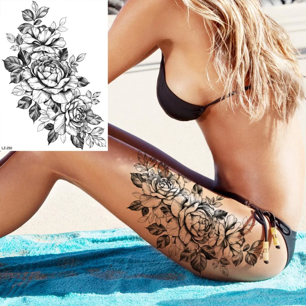 Sdrawing Rose Flower Moon Temporary Tattoos For Women Adult Pendant Peony Lotus Fake Tattoo Calf Thigh Body Art Waterproof Tatoos