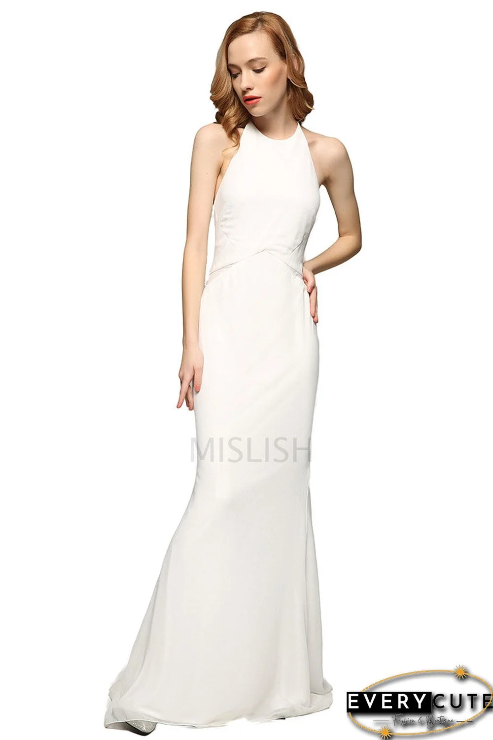 Rita Ora Inspired White Halter Evening Party Dress
