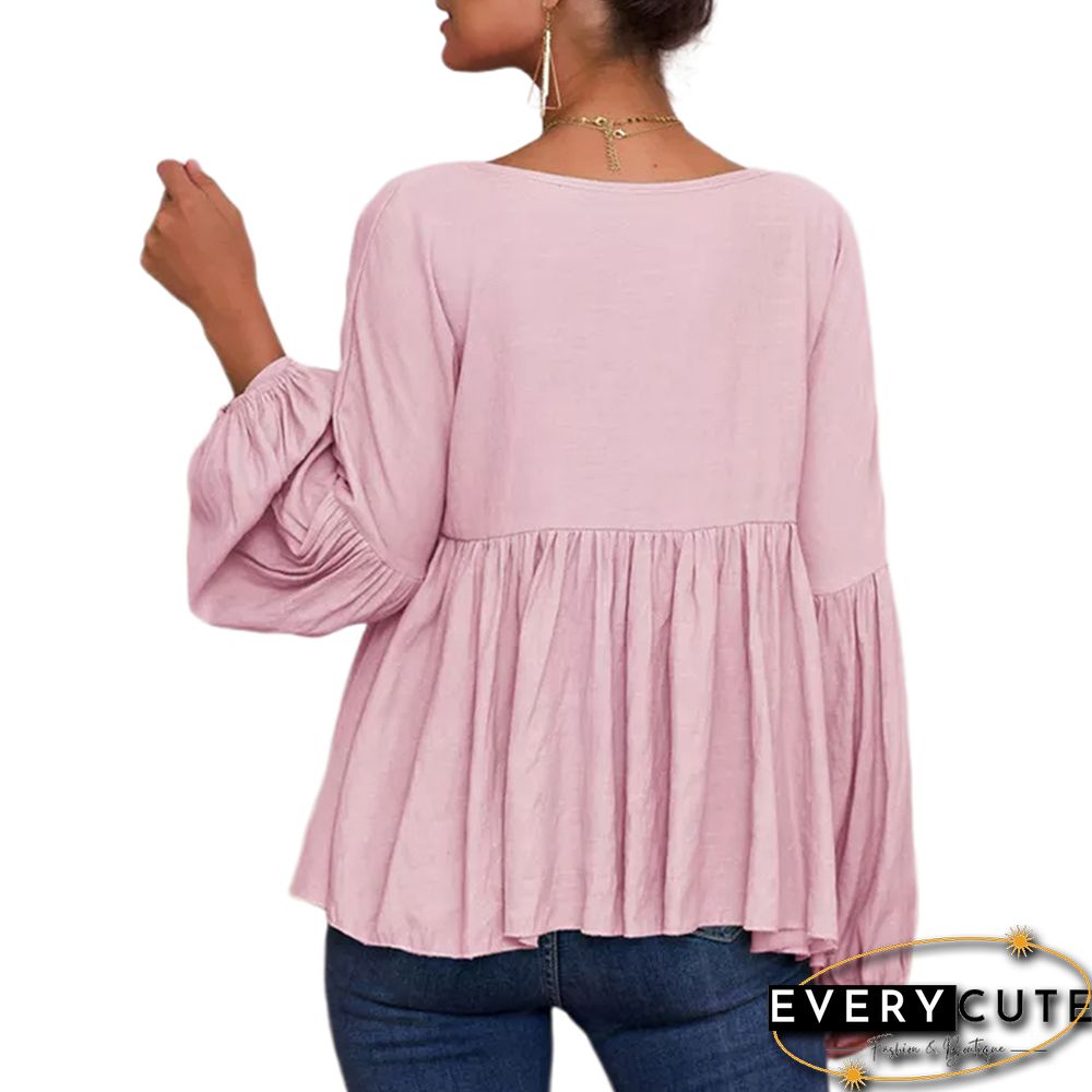 Pink V Neck Ruffled Puff Sleeve Blouse
