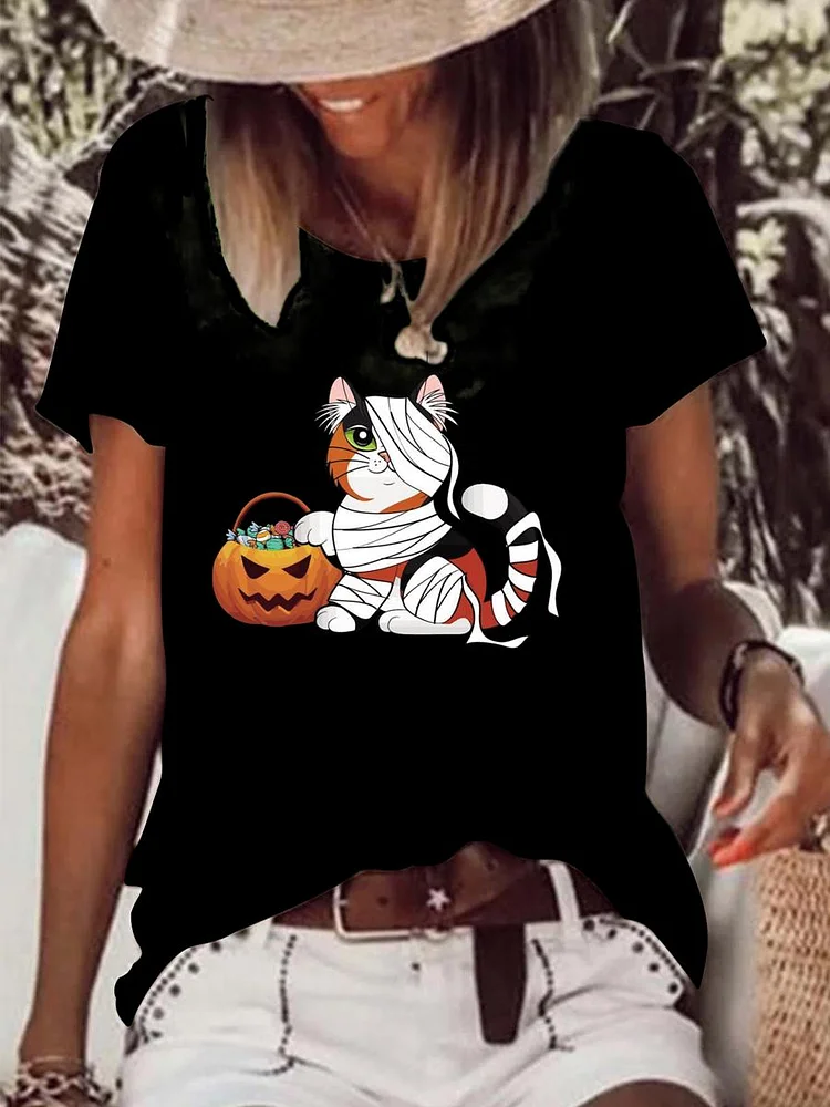 Halloween Pumpkin Cat Raw Hem Tee-Annaletters