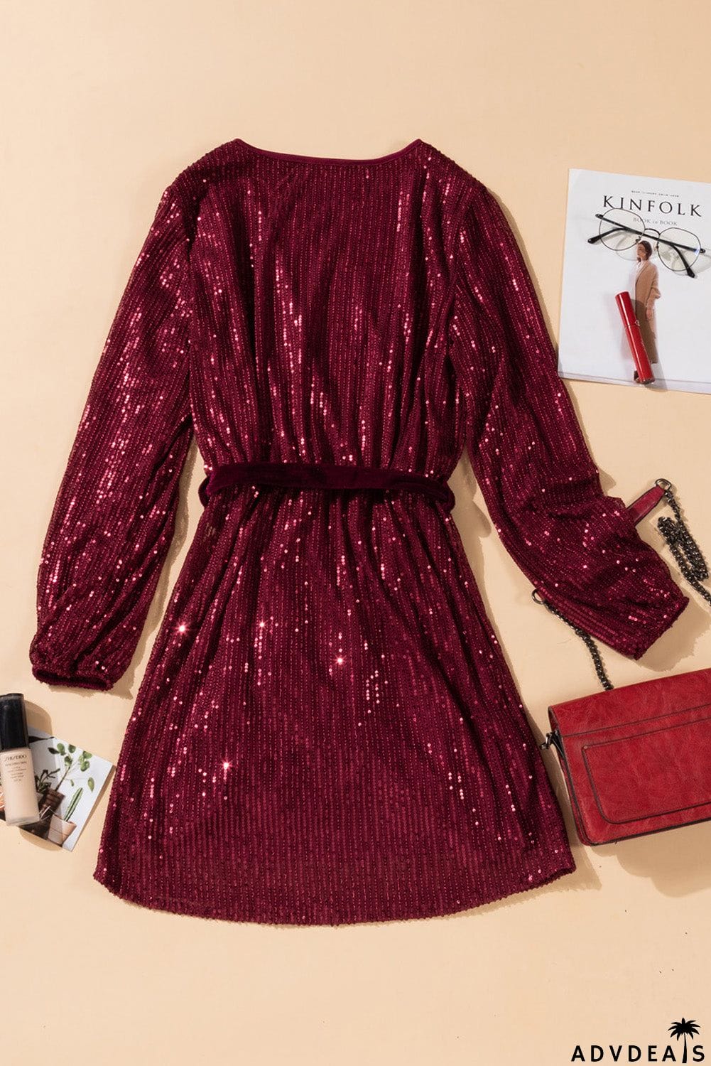 Wine Red Loose Long Sleeve Sequin Dress with Sash