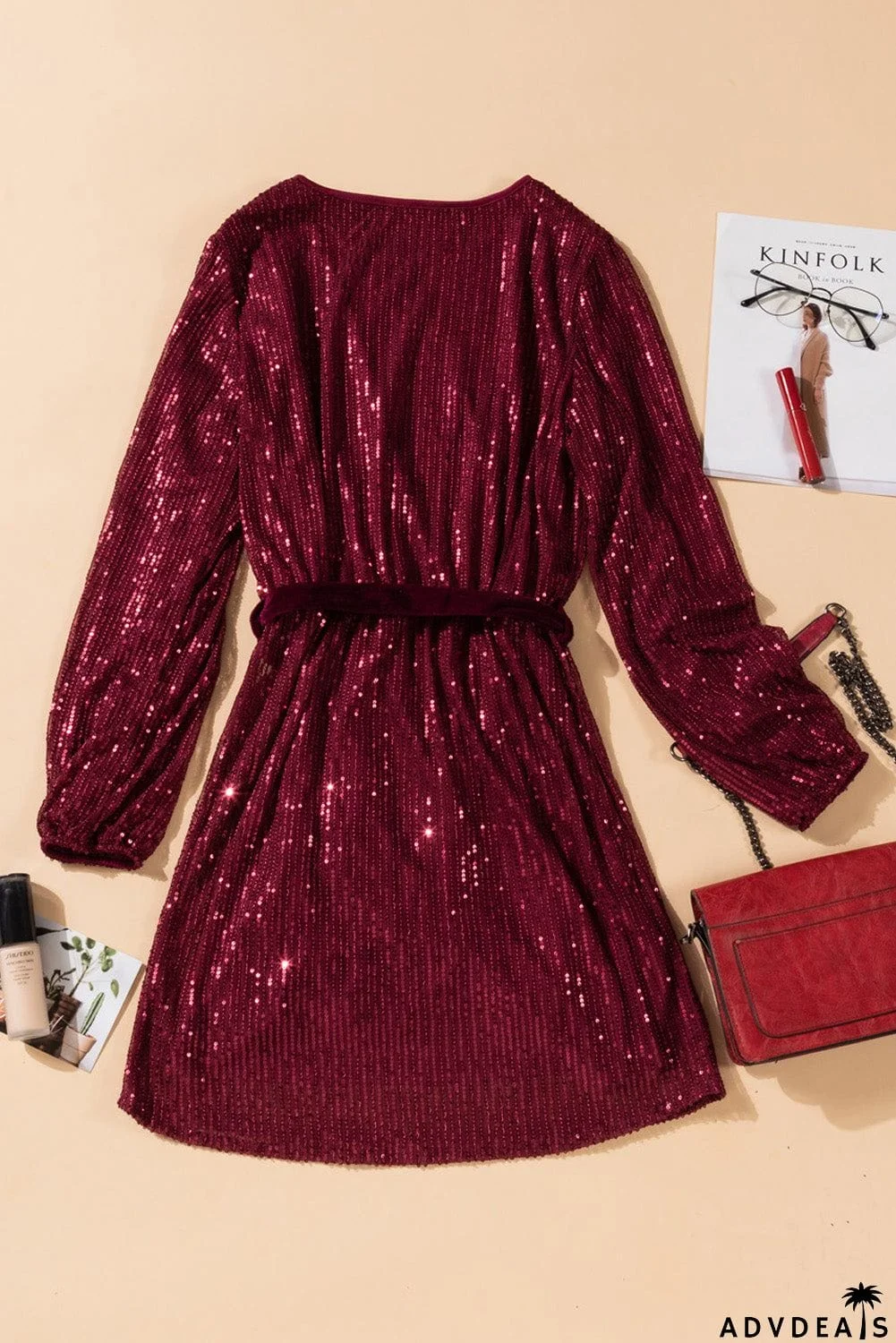 Wine Red Loose Long Sleeve Sequin Dress with Sash