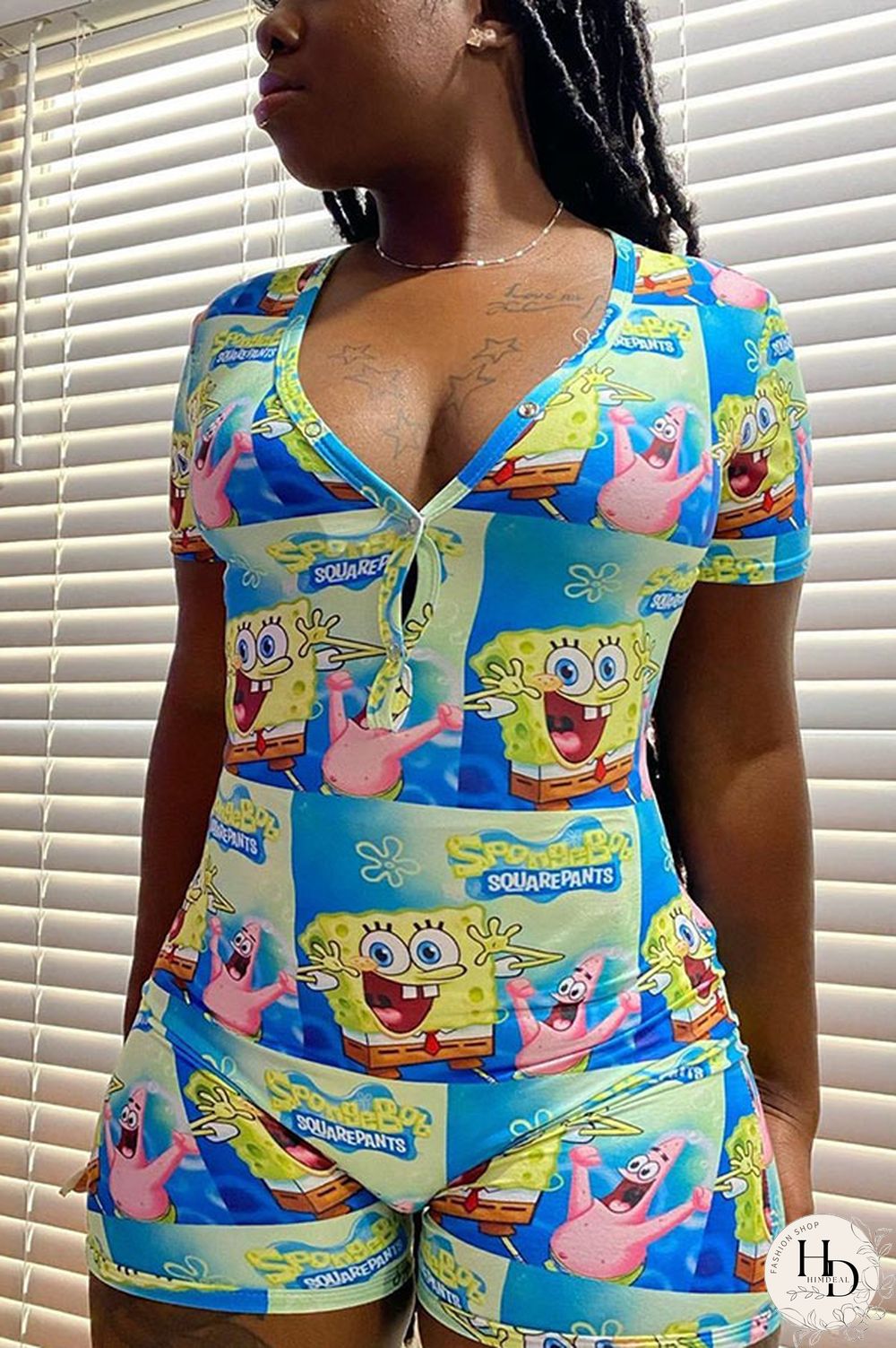 blue and yellow Casual Print Short Sleeve V Neck Jumpsuits