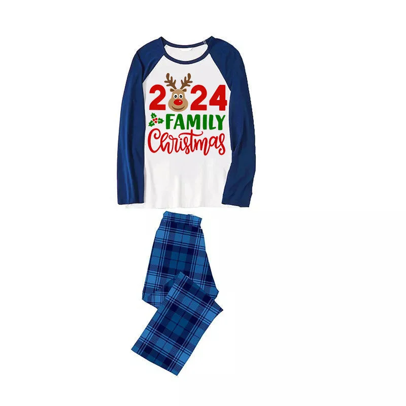"2024 Family Christmas" Moose Letter Prints Blue & Black Plaid Family Matching White Pajamas With Dog