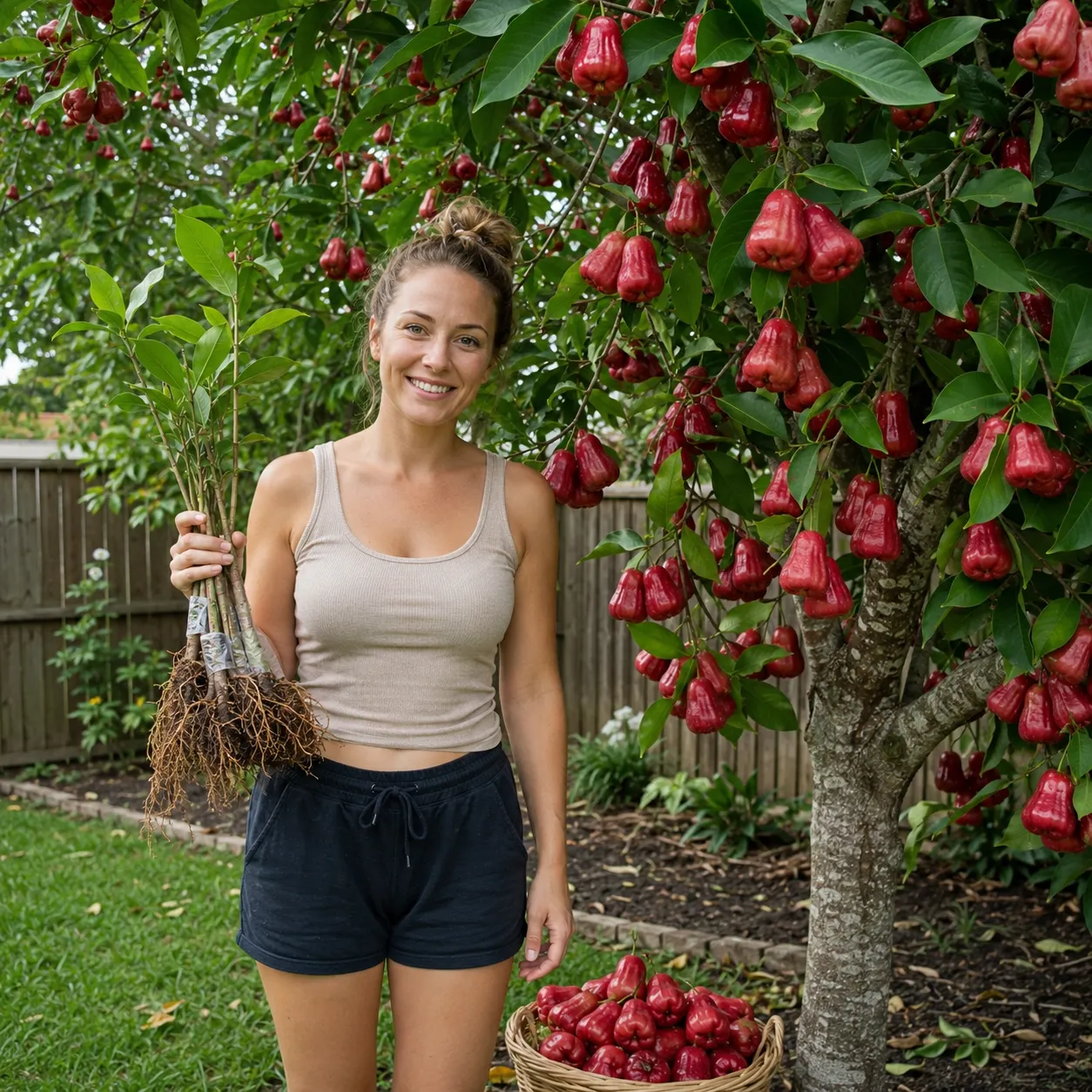 Gardener beside a fruiting wax apple tree