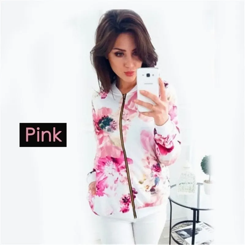 Women Jackets Retro Floral Printed Ladies Zipper Up Bomber Outwear Spring Long Sleeve Short Thin Slim Casual Pocket Biker Coats
