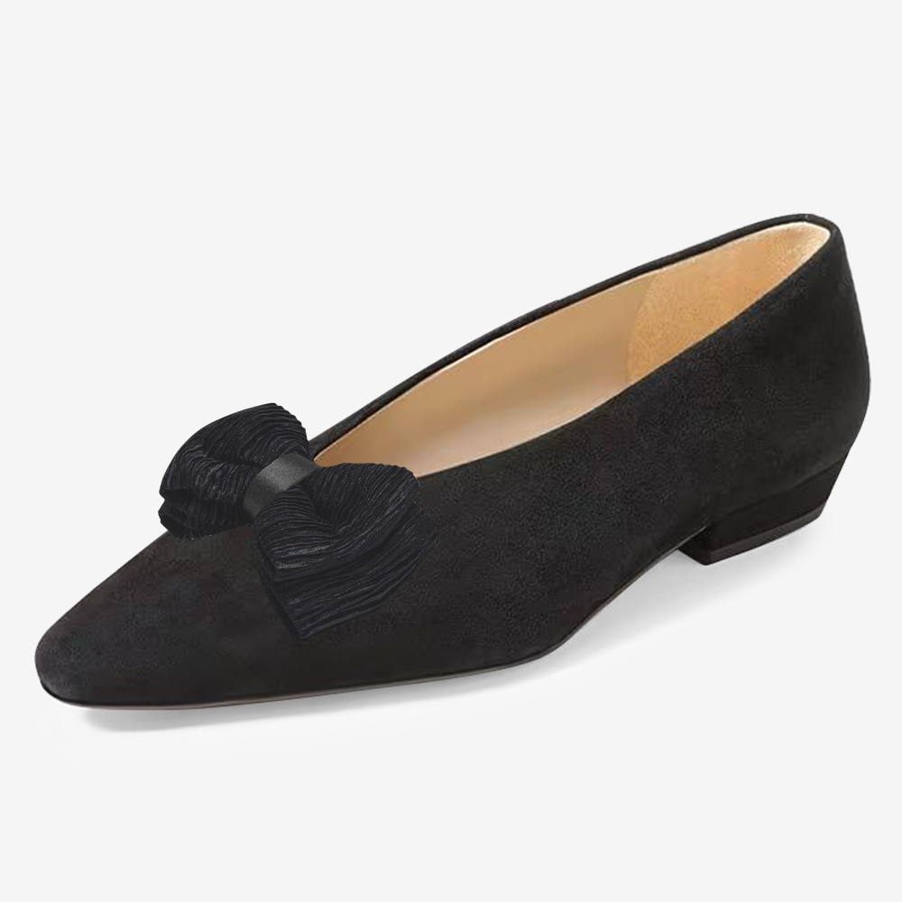 Black Pointed Toe Suede Flats With Bow Decor Chunky Low Heel Nicepairs