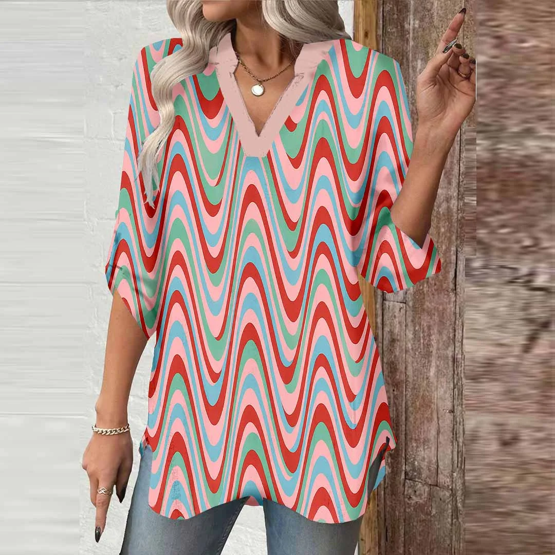Women Stripes, Pink DZGA0364 3/4 Sleeve V-neck Printed Graphic Button Tops