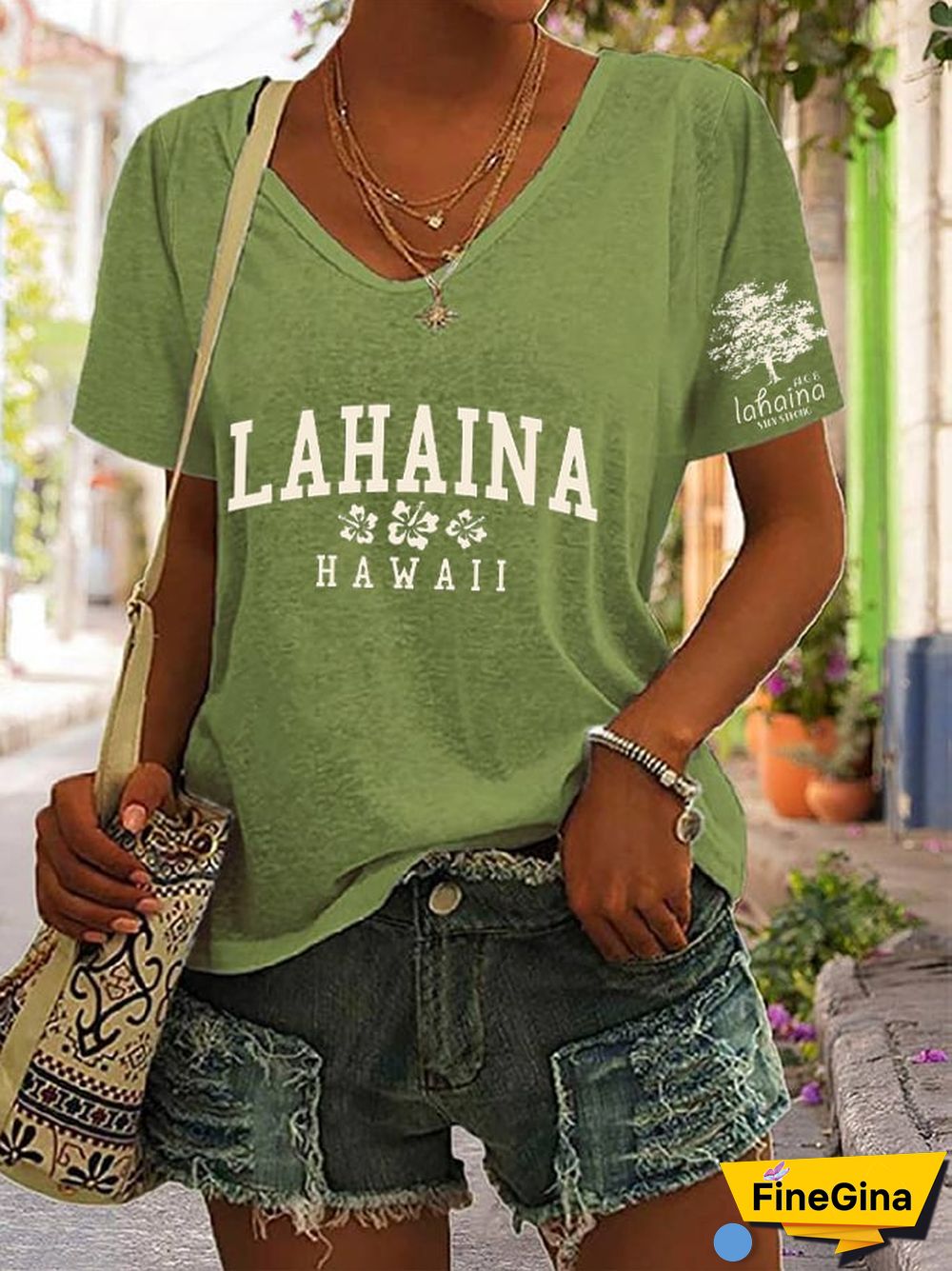 Women's Lahaina Strong Hawaii Tree of Life Aug 8 Print V-Neck T-Shirt