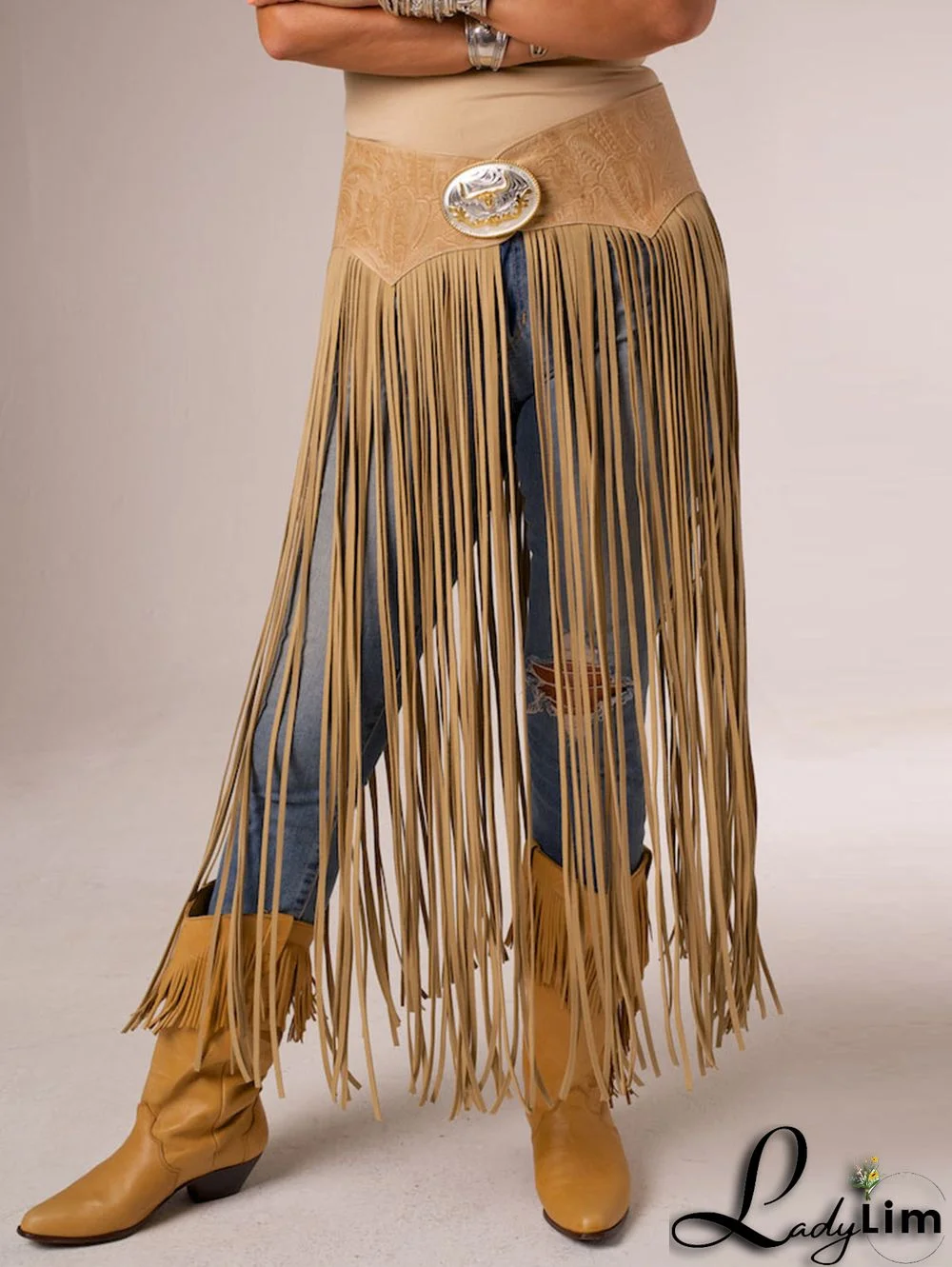 Vintage Solid Color Fringe Midi Suede Skirt