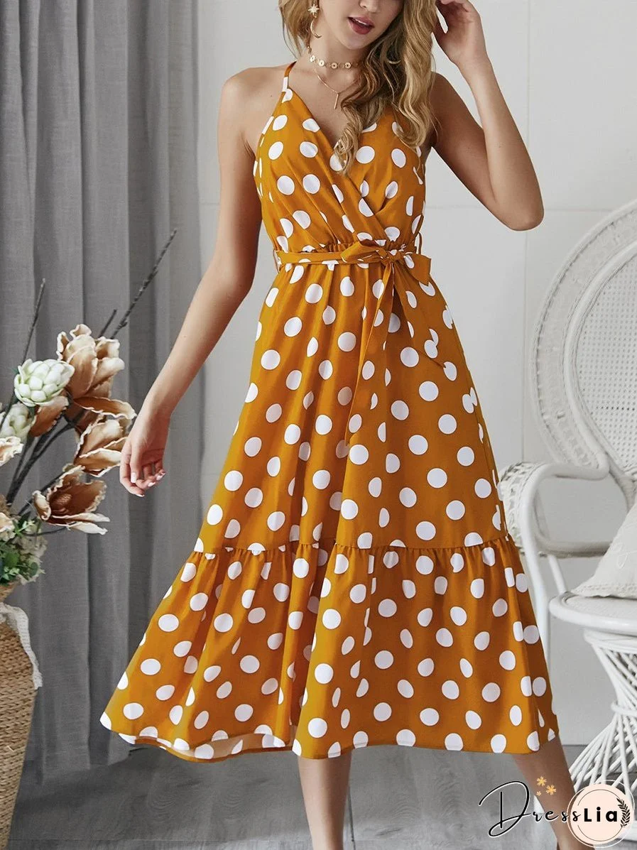 Polka Dot Tie Sleeveless Midi Dress