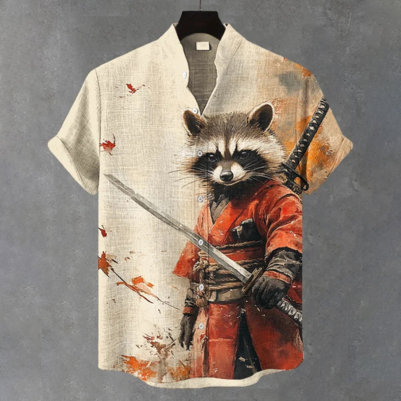 Men's Raccoon Samurai Japanese Art Print Short Sleeve Shirt