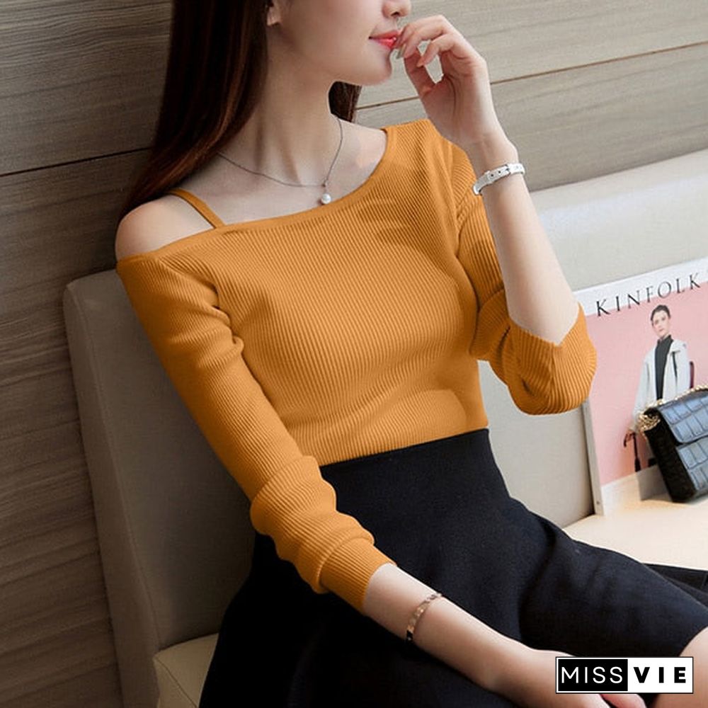 Christmas Gift Off Shoulder Sexy Women Long Sleeve Knitted Sweater Solid Skinny Slim Sweater Women Spring And Winter Pullovers