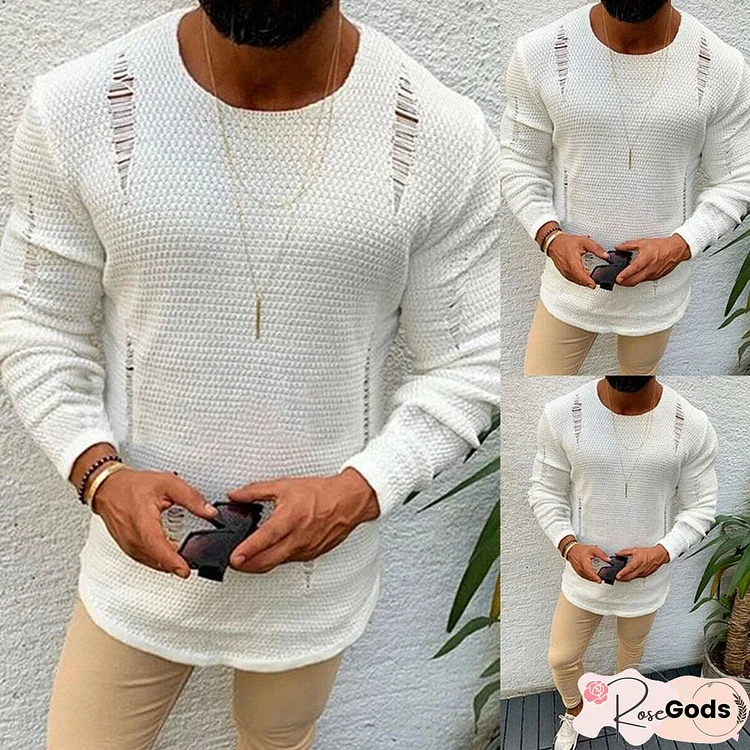 Solid Round Neck Men's Sweater With Holes