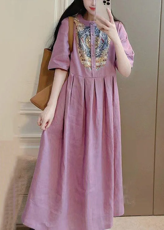 Beautiful Purple Button Print Pockets Cotton Dresses Summer