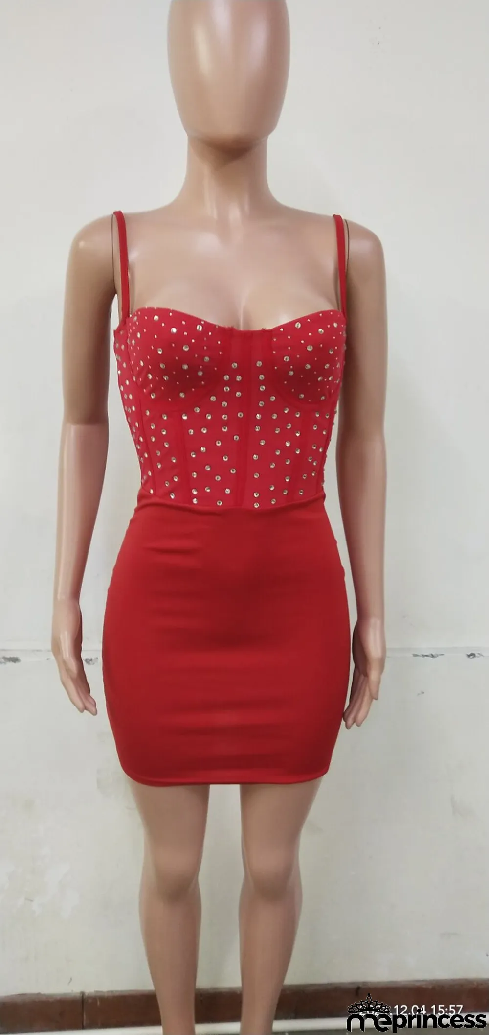 Summer Red Rhinestone Straps Mini Dress
