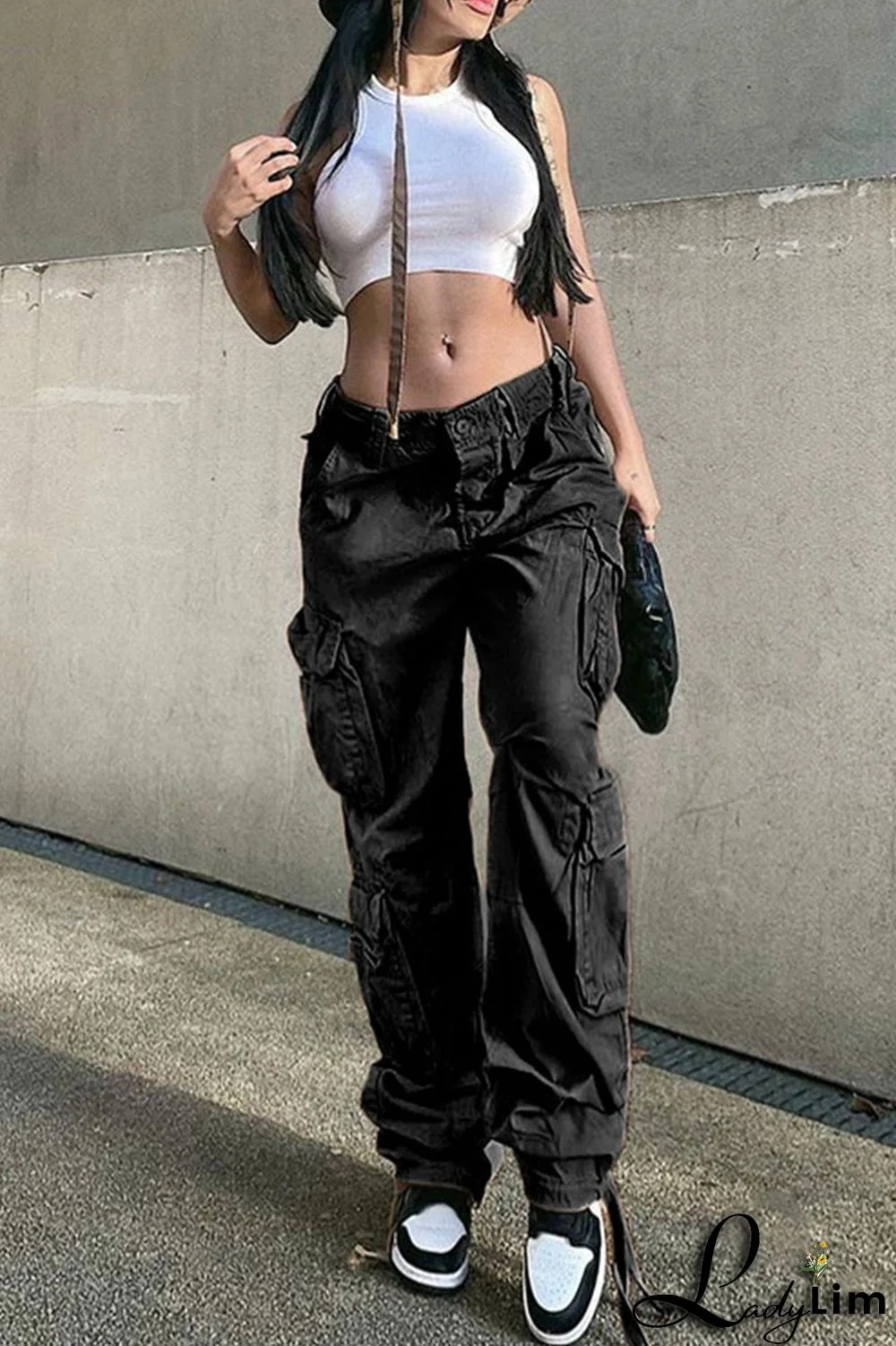 Green Street Solid Patchwork Pocket High Waist Straight Solid Color Bottoms