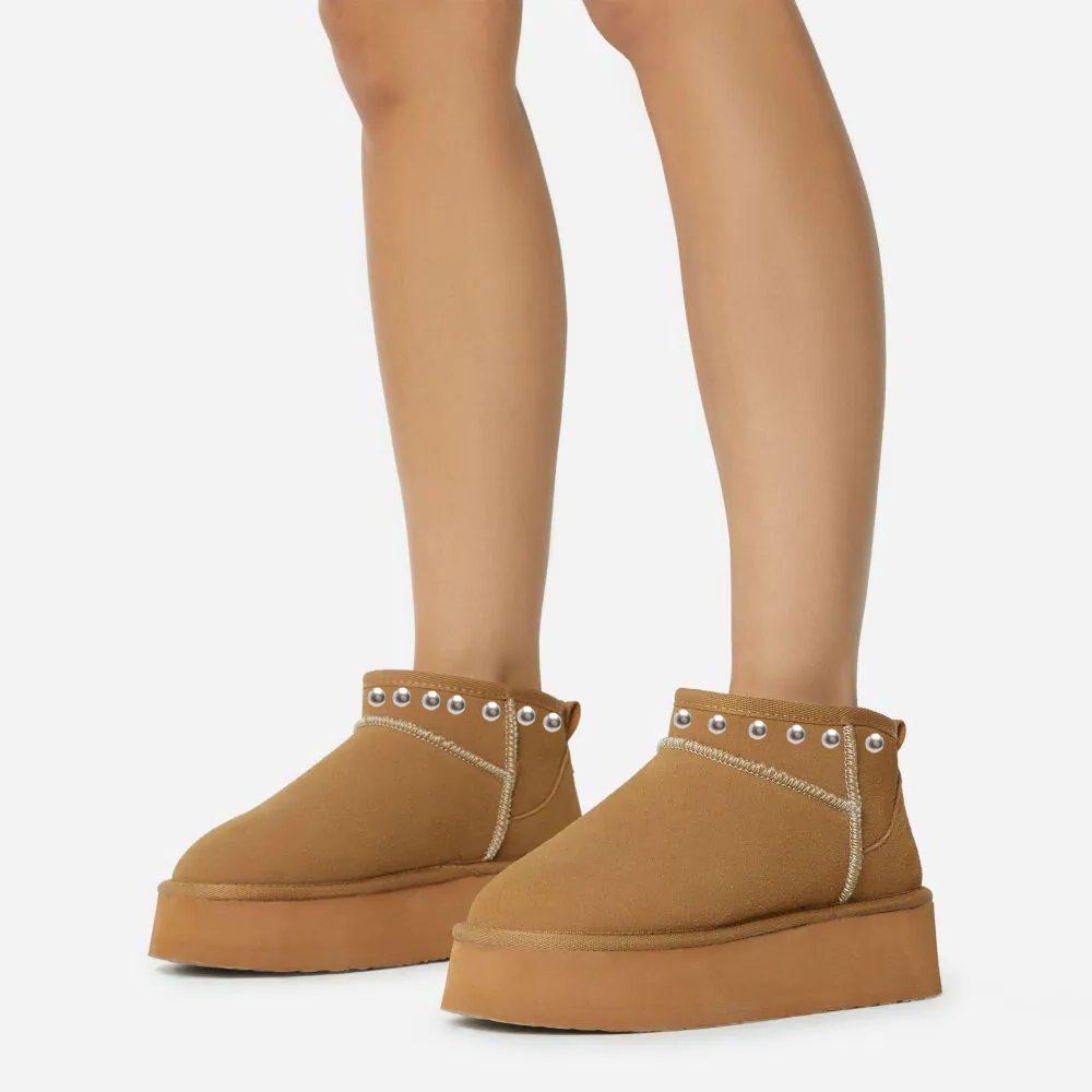 Brown Round Toe Flatform Snow Boots Classic Rivet Decor Ankle Boots Nicepairs