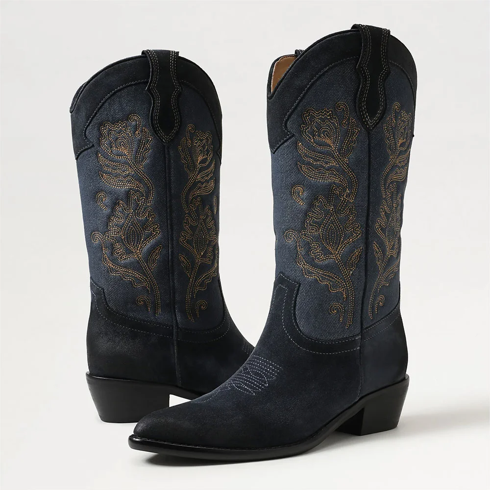 Women's Navy Closed Toe Block Heel Floral Embroidered Cowboy Boots