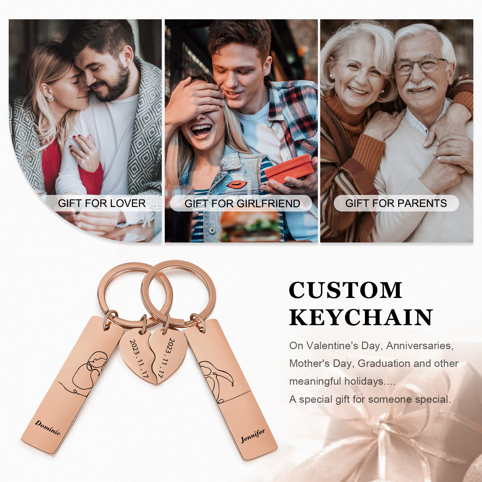 Personalised Couple Keychain Custom 2 Names & 2 Dates Keyring Heart Valentine's Day Gift for Him/Her-Jessemade AU