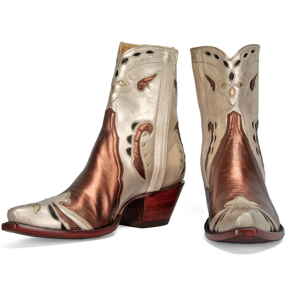 Brown & Champagne Metallic Inlay Snip Toe Chunky Heel Cowgirl Boots Nicepairs