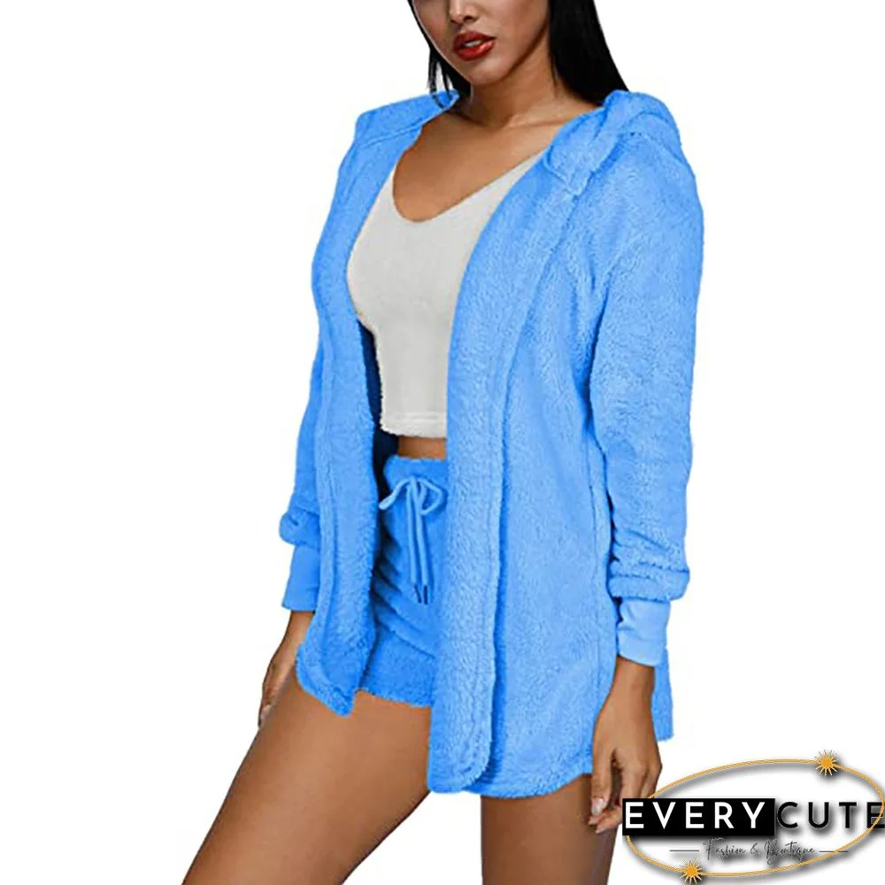 Light Blue Plush Hoodie with Shorts and White Vest 3pcs Set