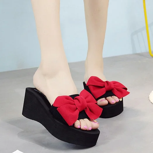 Summer Red Sandals Designer Woman Shoes Luxury Brand Rubber Slip On Wedge 2021  Pink Platform Lady Slides Bow Knot Slippers