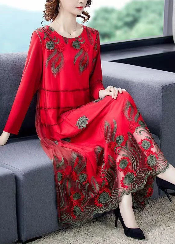 Red Tulle Long Dresses O-Neck Embroideried Spring