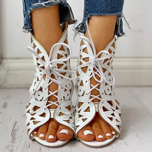Hollow Out Lace-Up Pu Wedge Sandals