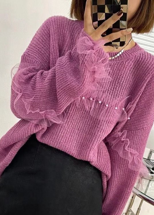 Casual Purple Tulle Patchwork Nail bead Fall Knit sweaters CK820- Fabulory
