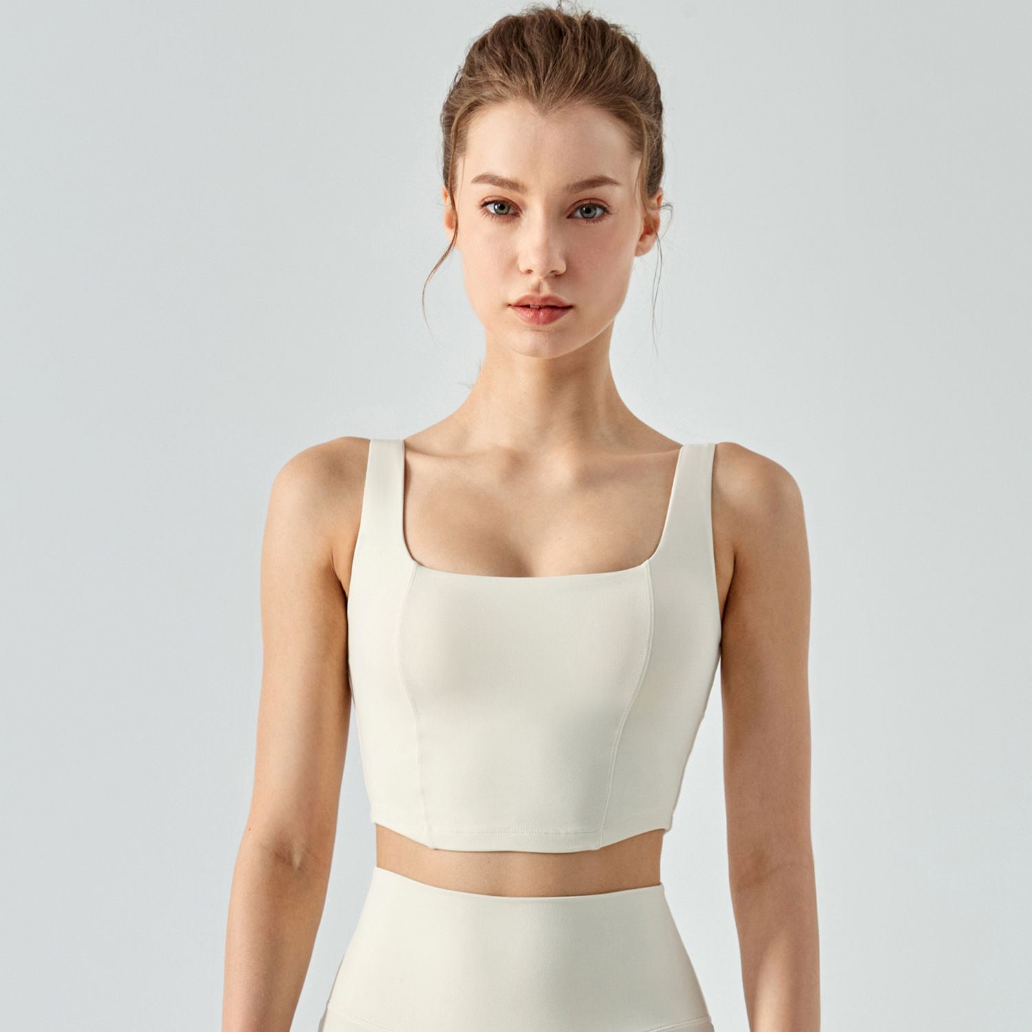 Buy Hergymclothing Light Ivory women's open back fishbone line design skin friendly running fitness vest with built in sports bra online