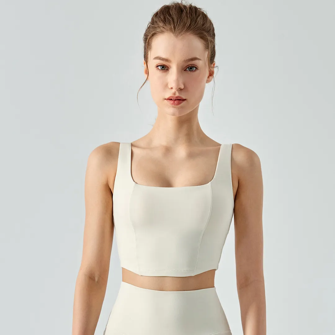 Buy Hergymclothing Light Ivory women's open back fishbone line design skin friendly running fitness vest with built in sports bra online