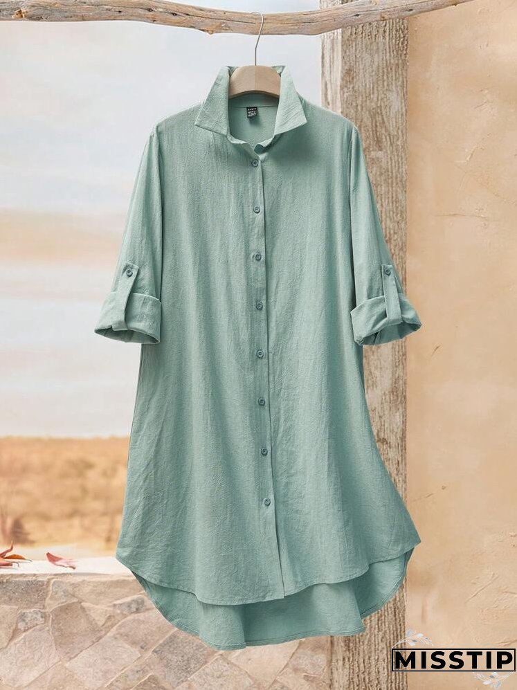 Women's Plain Rolled Cuff Long Sleeve Single-Breasted Casual Shirt Dress For Autumn