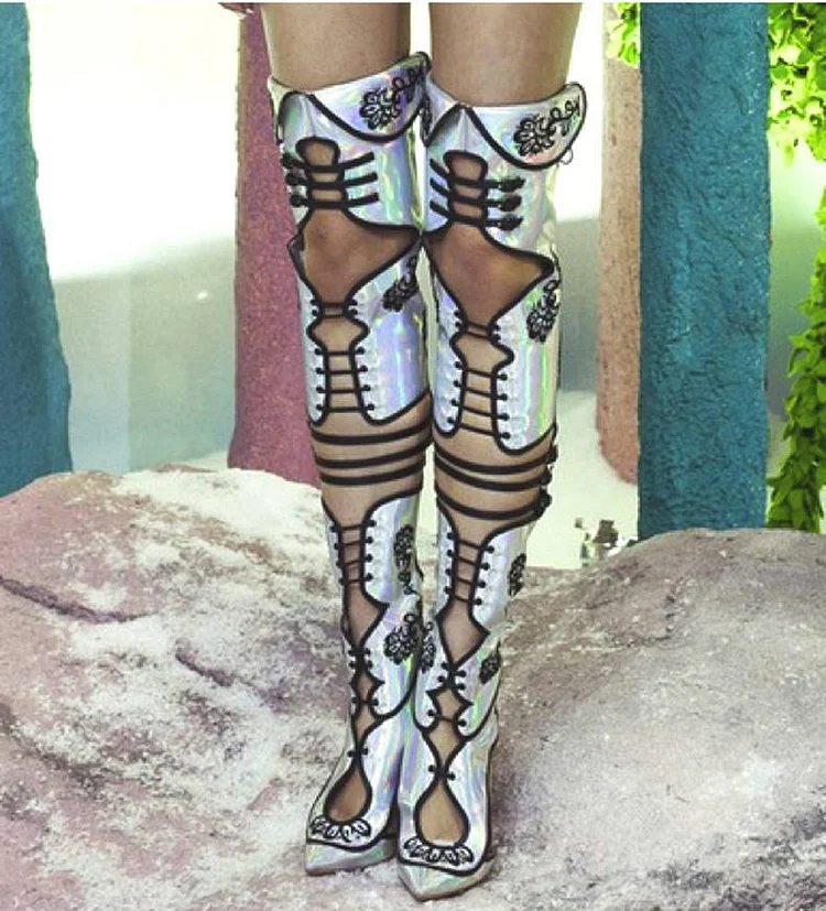 Embroidered Summer Boots Holographic Shoes Buckles Thigh High Boots |FSJ Shoes