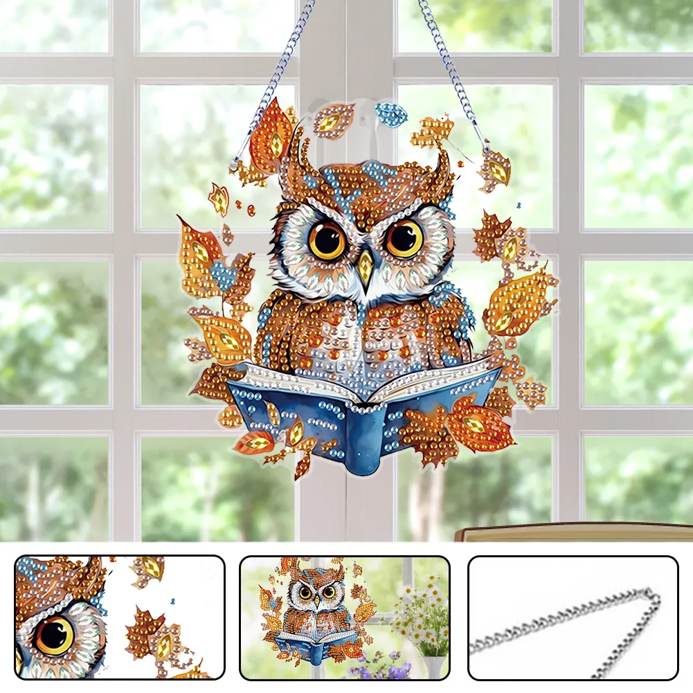 DIY Autumn Owl Special Shape Diamond Painting Hanging Pendant