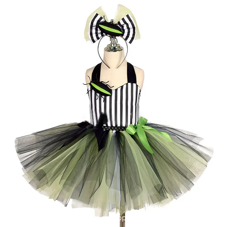 Kids Children Beetlejuice Green Dress Outfits Cosplay Costume Halloween Carnival Suit