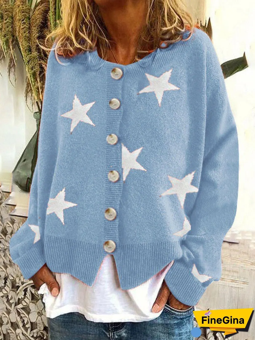 Women's V-neck Star Pattern Embroidery Sweater Cardigan Jacket  Coat