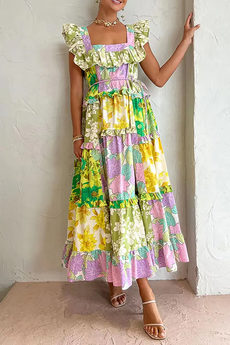 Floral Print Patchwork Sleeveless Ruffled Trim A-Line Pleated Midi Dresses