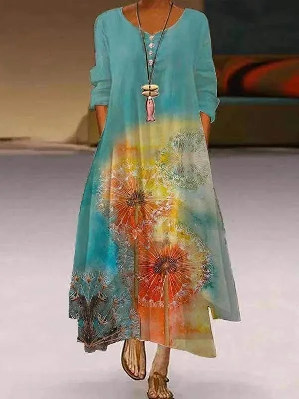 Women Clothes Spring Summer 2022 Plus Size 5xl Elegant Flowers Print   Long Sleeve Vintage Asymmetrical Hem Casual Loose Dress