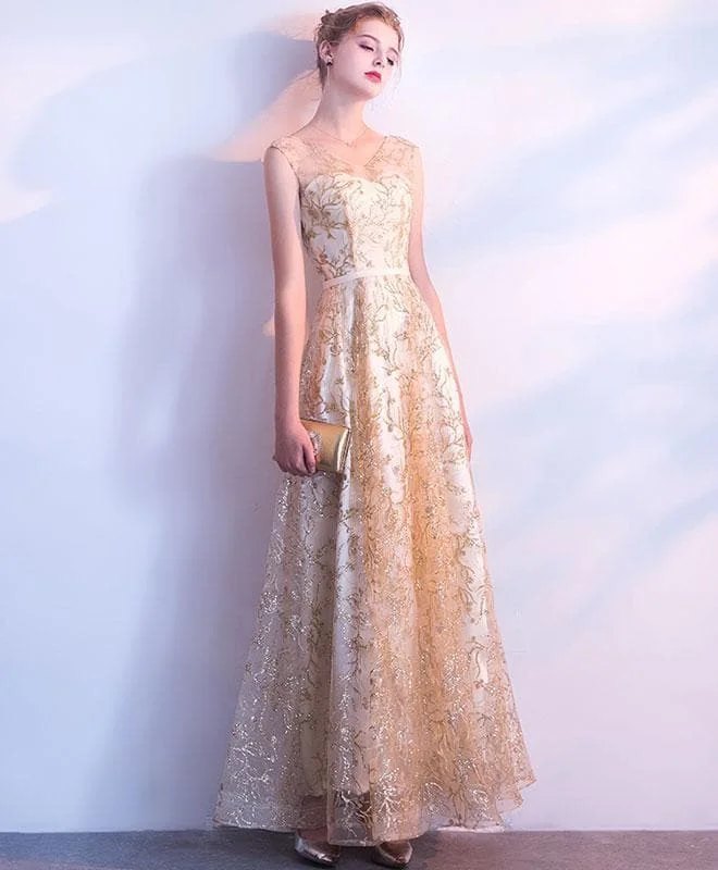 Elegant Gold Lace Tulle Long Prom Dess, Lace Evening Dress