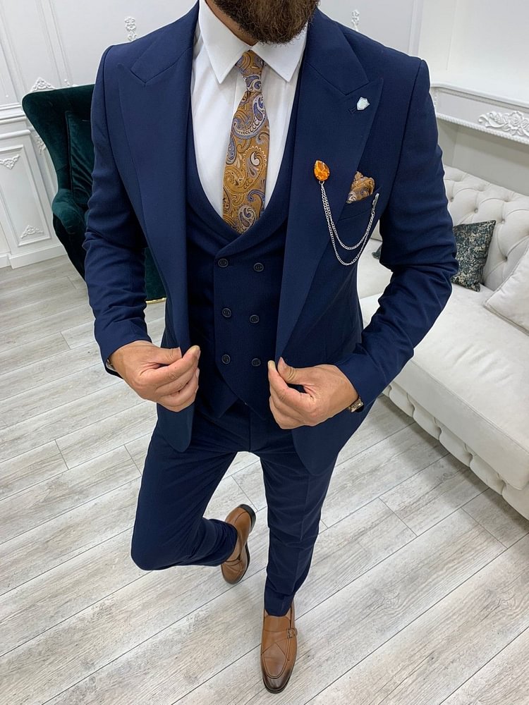 Verona Navy Blue Slim Fit Peak Lapel Suit