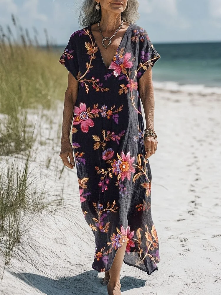 Women's  Floral  Art Print Pocket Cotton Dress