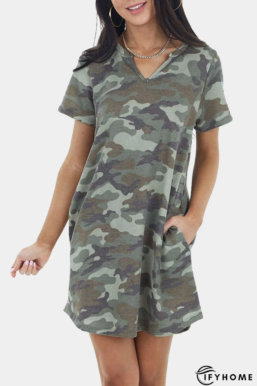 Army Green Camo Print Short Sleeve V Neck Knit Mini Dress | IFYHOME