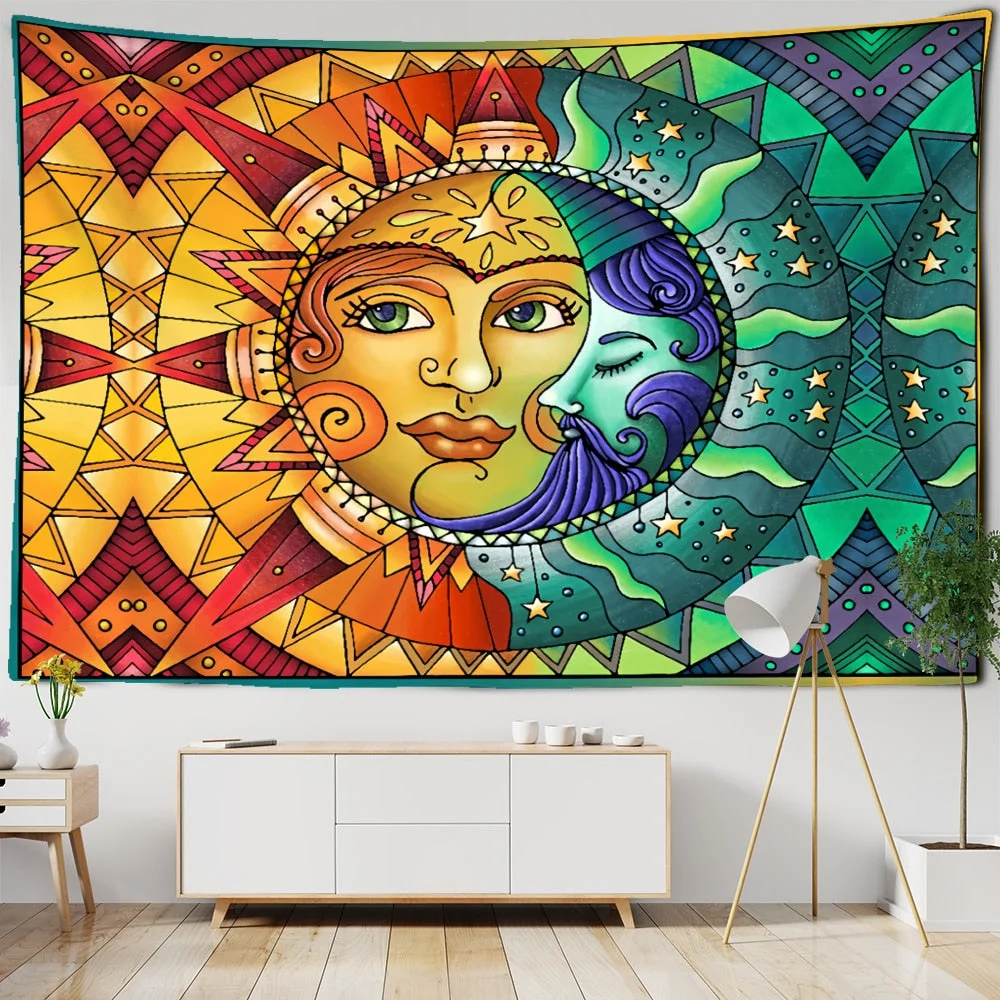 Psychedelic Colorful Sun And Moon Tarot Tapestry Wall Hanging Witchcraft Hippie Abstract Bedroom Home Decor