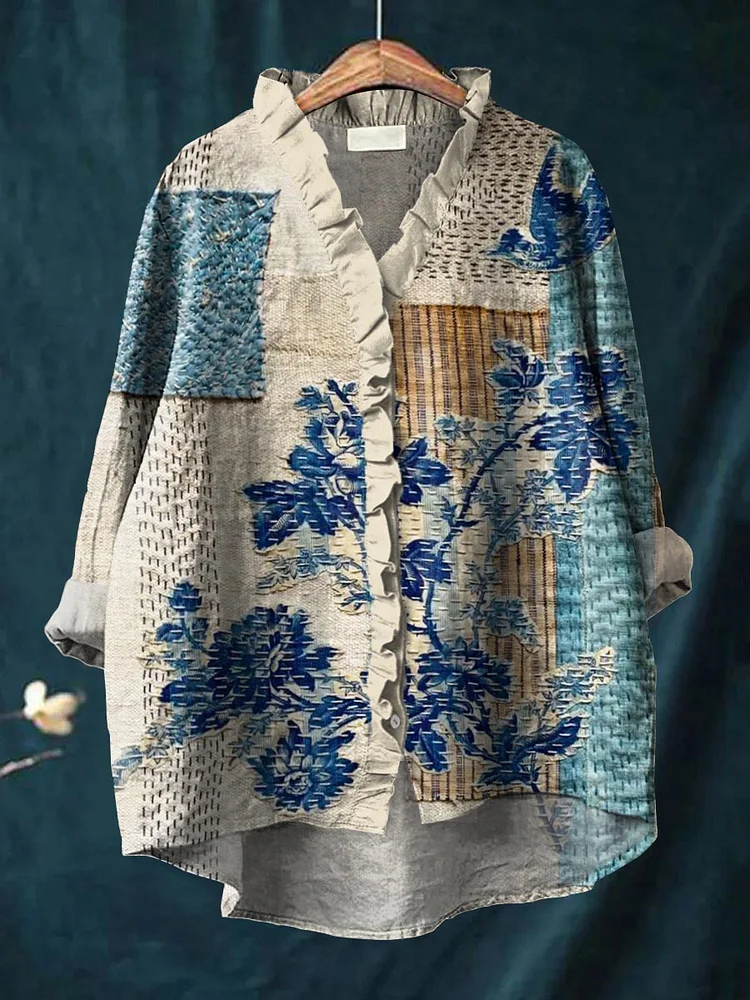 Women's Vintage Floral Patchwork Pattern Art Print Casual Cotton And Linen Ruffle Shirt