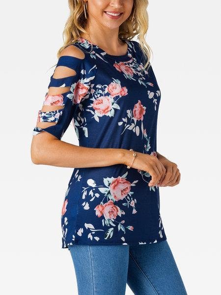 Cut Out Cold Shoulder Floral Print Crew Neck Short Sleeves Tshirts - Chicaggo