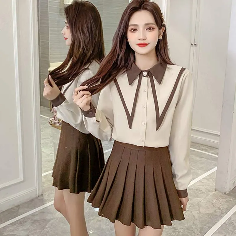 Lapel Shirt Pleated Skirt Two Piece Set